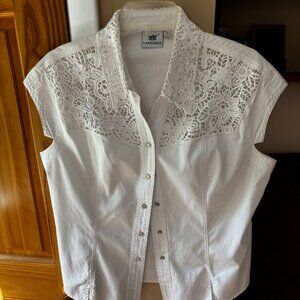 White, sleeveless, denim, western top with scalloped collar, floral cutouts.